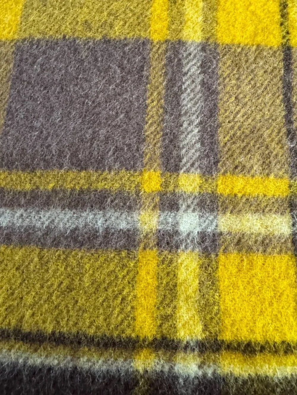Vintage Wool Plaid Throw Blanket Mustard Brown Gray Fringe 50x54 Cozy Cabin